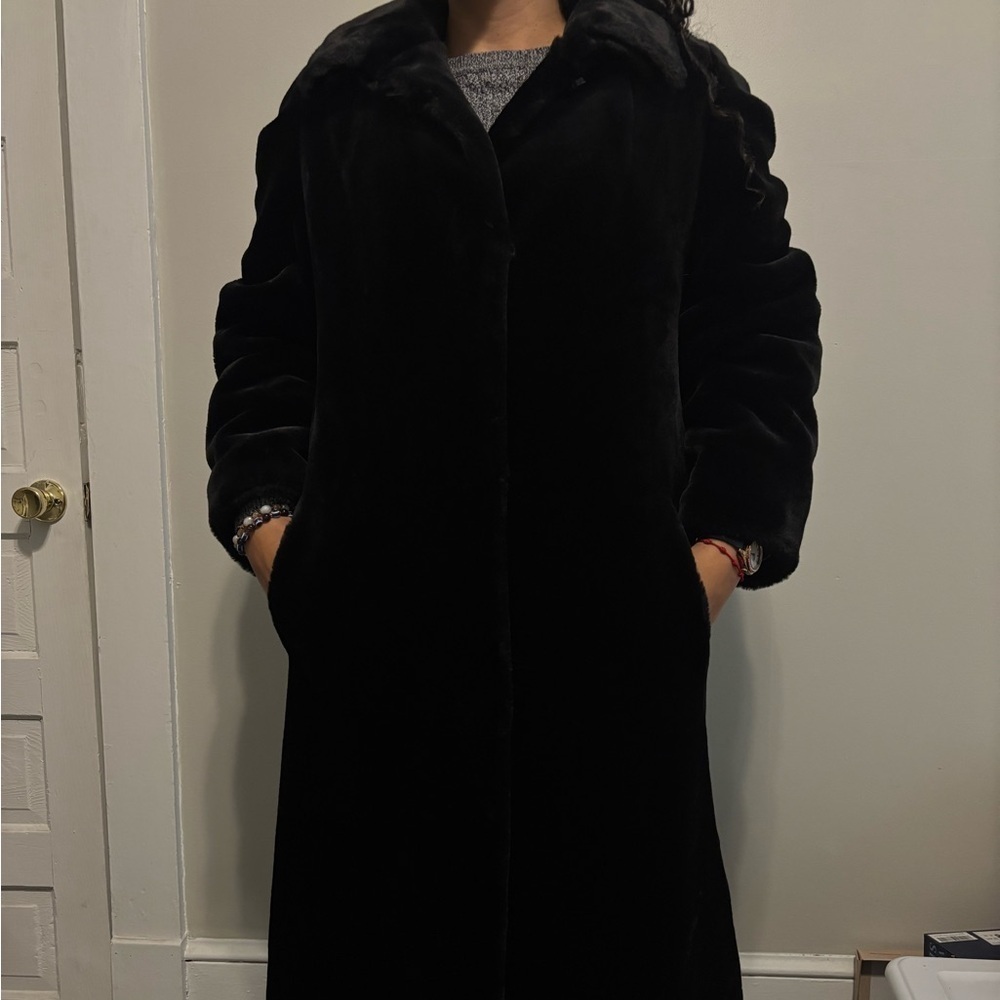 Vintage Streetwear 80s Black Grunge Faux Fur WhimsyGoth Maxi Baddie Coat -Large